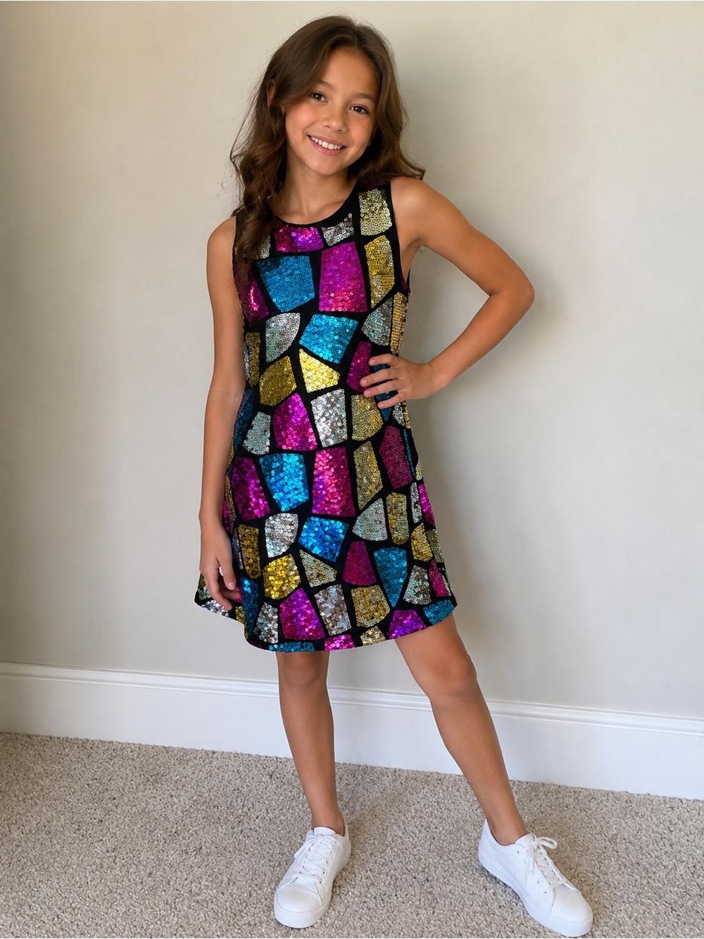 Pippa & Julie Black Sequin Dress with Fuchsia, Teal & Gold Accents
